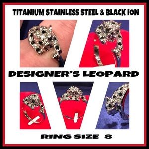 NWT! TITANIUM S.S. & BLACK ION SZ 8 LEOPARD RING